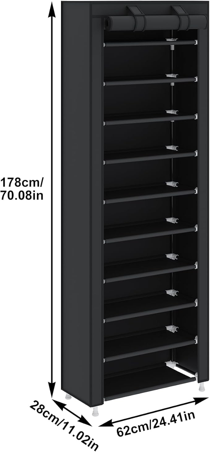 UDEAR 10-Tier Free Standing Shoe Rack Sturdy Shoe Rack Organizer for Closet Entryway Stackable Shoe Shelf with Dustproof Cover,Black-NeatNest