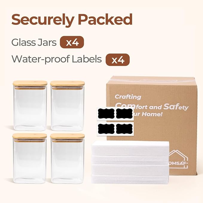 ComSaf 1.8 Qt Rectangle Glass Storage Containers with Lids, Glass Jars with Bamboo Lids, Clear Food Storage Jar, Sugar Coffee Containers, Pantry Storage Container for Pasta Rice Flour Oats Nuts Tea-NeatNest