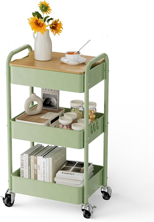 3 Tier Rolling Cart with Table top, Metal Rolling Utility Cart, Sturdy Storage Organizer Cart with Locking Wheels & Hooks for Office, Classroom, Kitchen and Bathroom-NeatNest