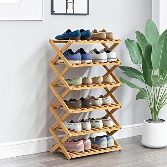 6 Tier Bamboo Shoe Rack,Portable Folding Shoe Storage Rack,Without Installation Small Shoe Rack Perfect for Corridors, Bedrooms and Small Spaces (6 Tier)-NeatNest