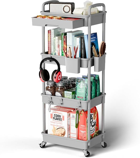 4 Tier Rolling Cart Organizer,Art Craft Diaper Bedside Snack Laundry Room Bathroom Organizer Narrow Thin Slim Rolling Trolley Utility Cart with Wheels for Kitchen,Office(Grey)-NeatNest