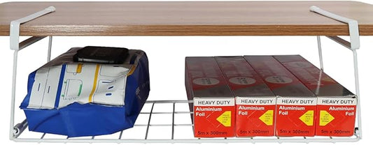 Foil and Plastic Wrap Organizer Kitchen Under Cabinet Desk Pantry Hanging Organizer Storage Foldable Rack (White-NeatNest