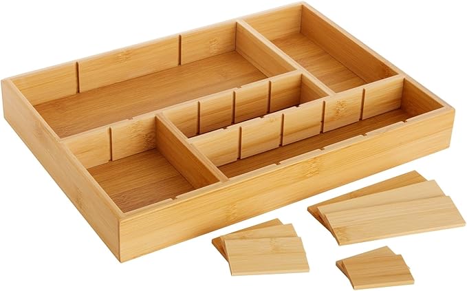 Juvale Drawer Organizer Tray - 14 x 10 x 2 In Brown Bamboo - 8 Adjustable Dividers for Custom Storage - Silverware & Utensil Organizer - Desk Drawer Divider - Versatile Wooden Divided Tray-NeatNest