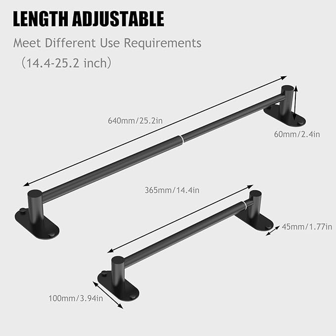 Towel Bar, Adjustable 14.4inch - 25.2inch Towel Rack, Self Adhesive & Wall Mounted for Bathroom Kitchen Hand Towel Holder Cloths Hanger SUS 304 Stainless Steel Organizer Single Bar Matte Black