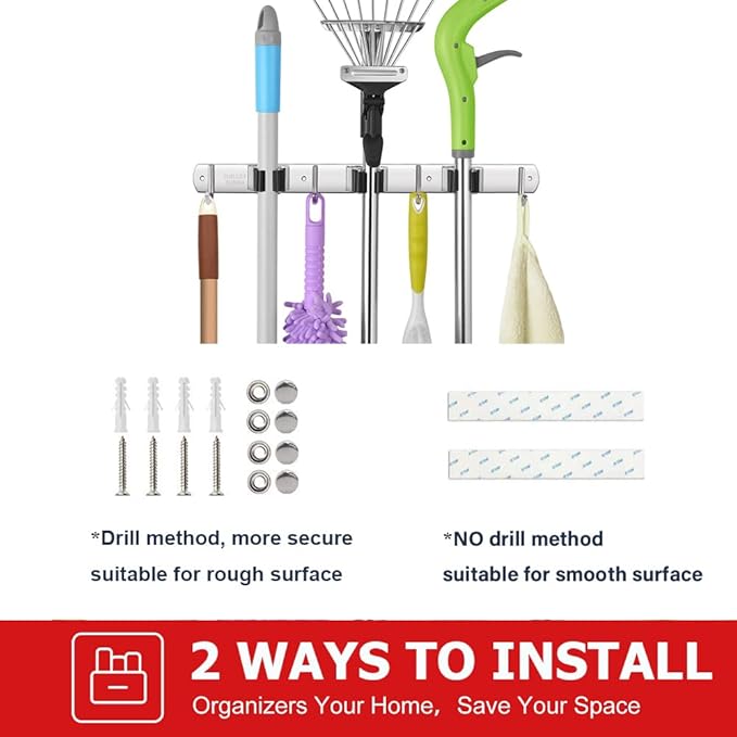 IMILLET 2 Pack Broom and Mop Holder Wall Mounted, Stainless Steel Broom Holder Mop Holder Self Adhesive Heavy Duty Hooks Storage Organizer for Home Laundry Room Garden Garage Closet Kitchen-NeatNest