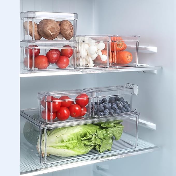 7-Piece Stackable Fridge Organizer Set - Clear Containers with Lids, Perfect for Organizing Vegetables, Fruits, Food, and Drinks