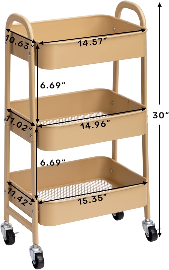 AGTEK Makeup Cart, Movable Rolling Organizer Cart, 3 Tier Metal Utility Cart with Lockable Wheels for Home & Office, Golden-NeatNest