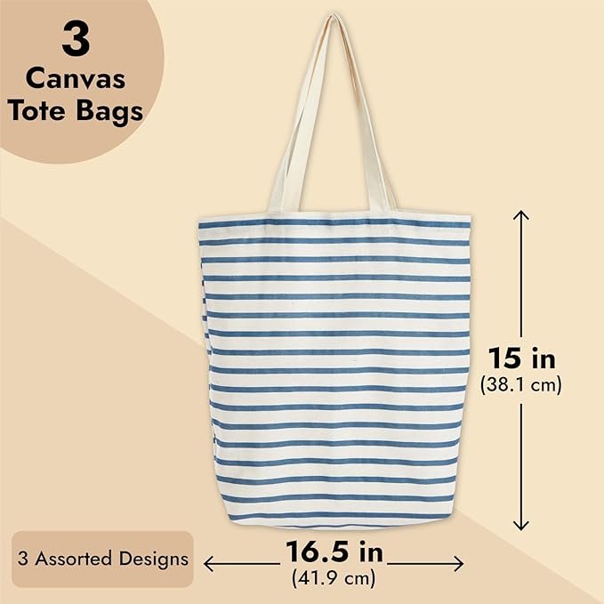 Juvale Canvas Tote Bag Set of 3 - Small Multi-Color (3 Designs) - Polycotton Reusable Cloth Bags for Grocery & Farmers Market (15 x 16.5 in)-NeatNest