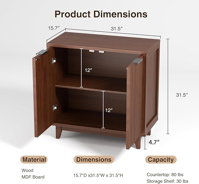 Fluted Cabinet with Storage, 2 Doors Sideboard Buffet, Mid Century Modern Accent Cabinet with Adjustable Shelves, Multifunctional Console Table with Storage for Living Room, Kitchen, Entryway