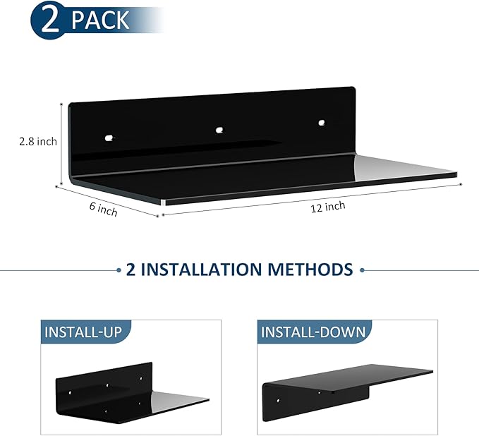 12 Inches Small Black Wall Shelves Set of 2, Acrylic Floating Shelf for Wall, Wall Mounted Display Shelf for Bedroom, Living Room, Funko Pop Shelves, Smart Speaker, 2 Pack-NeatNest