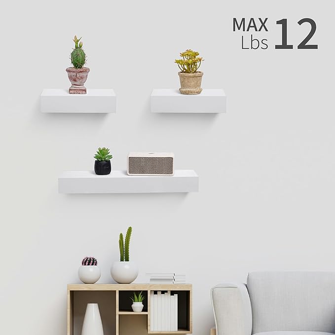Floating Wall Shelves Set of 3 – MDF Wood Wall Mounted Shelf for Living Room, Bedroom, Bathroom, Office – Decorative Storage Racks for Plants, Photos, Books (White, Medium Set)