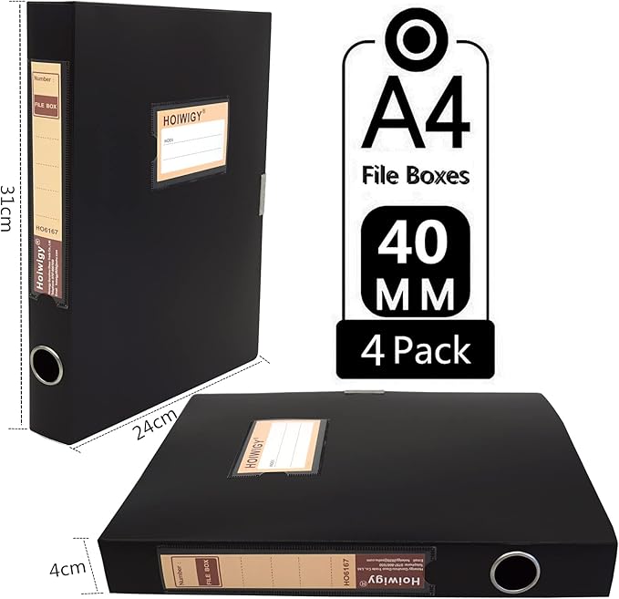 A4 Document Box Plastic Archive Cases with Lid, 31×24x4 cm, File Folder Organizer Document Storage File Boxes for Office, School, Letter Size Paper (Black)