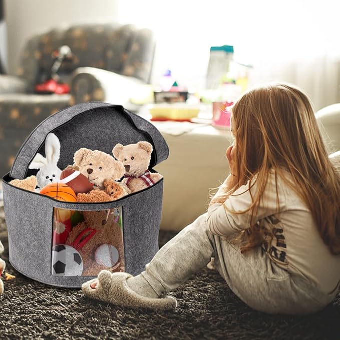 Hat Box, Hat Boxes for Women/Men Storage, 17" D x 10" H, Round Hat Storage Box Container for Closet, Clothes Storage Bin for Stuffed Animal Toy, Foldable Hat Box for Travel with Dustproof Lid (Grey)-NeatNest