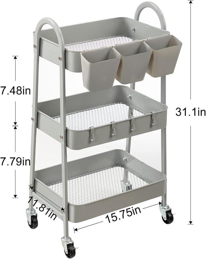 danpinera 3-Tier Rolling Cart, Metal Rolling Storage Cart with Lockable Wheels & Hanging Cups & Hooks, Mobile Trolley Cart for Kitchen, Bathroom, Office, Workshop, Gray-NeatNest