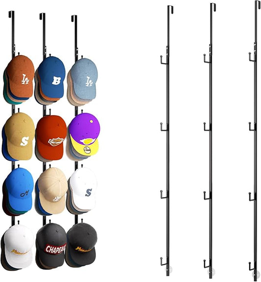 HapiRm Over Door Hat Rack - 3 Packs Hat Organizer with 12 Hooks Design, Hanging Baseball Cap Organizer Storage Holds Up to 60 Caps for Door, Bedroom, Closet (Black)-NeatNest