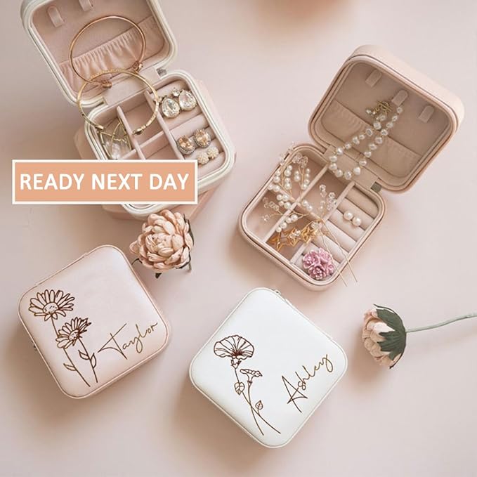 DayOfShe Personalized Travel Jewelry Box with Name and Birth Flower for Women Gifts Custom Small Travel Jewelry Case as Bridesmaid Proposal Gifts, Personalized Gifts for Women-NeatNest