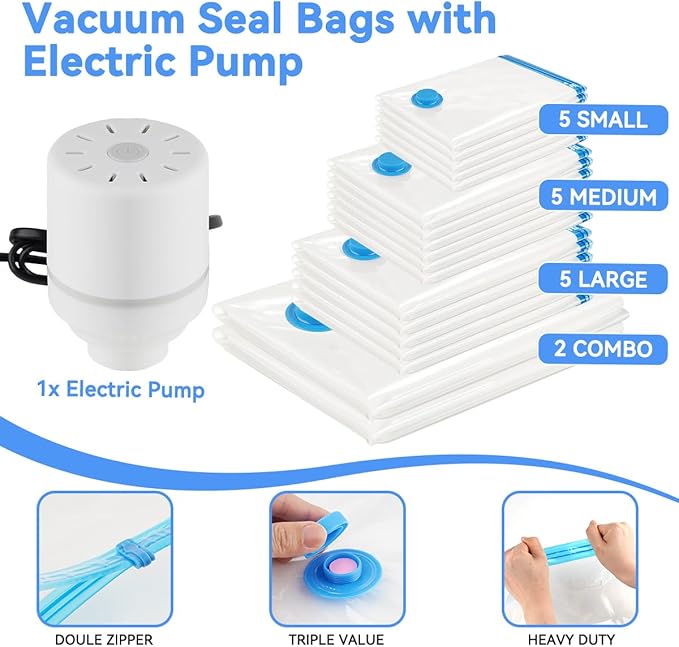 30 Pack Vacuum Storage Bags with Electric Pump, Space Saver Vacuum Storage Bags (2 Jumbo/2 XLarge/5 Large/5 Medium/5 Small+10 Roll Up) for Clothes, Travel, Comforters, Blankets, Bedding-NeatNest