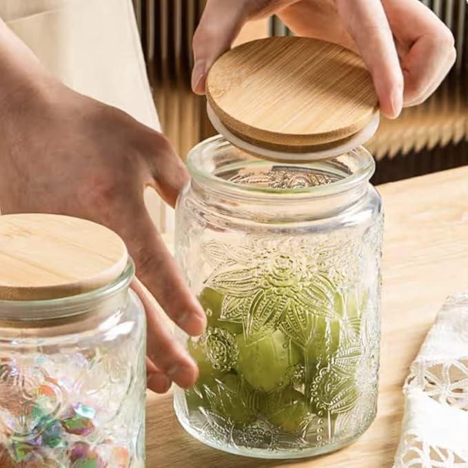 2 Pack Glass Storage Jar with Bamboo Lid, 23.7 FL Oz Kitchen Glass Food Storage Containers for Candy, Coffee Tea Beans, Oats,Flour, Grains
