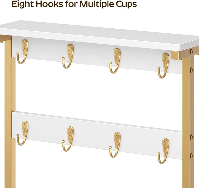 Coffee Mug Holder for Counter, 2 Tier Mug Tree Rack, with 8 Hook and 2 Open Shelves, Vintage Mug Holder Stand for Home Kitchen, White and Gold MH43DW-NeatNest