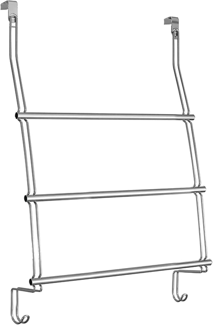 iDesign Classico Steel Over-The-Door Towel Rack with Storage Hooks - 16.75" x 4.25" x 24", Chrome
