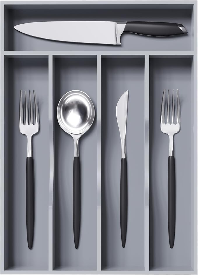 Greenual Gray Silverware Organizer 10 In Utensil Organizer Silverware Tray for Drawer Cutlery Flatware Organizer for Kitchen Bamboo Wood-NeatNest
