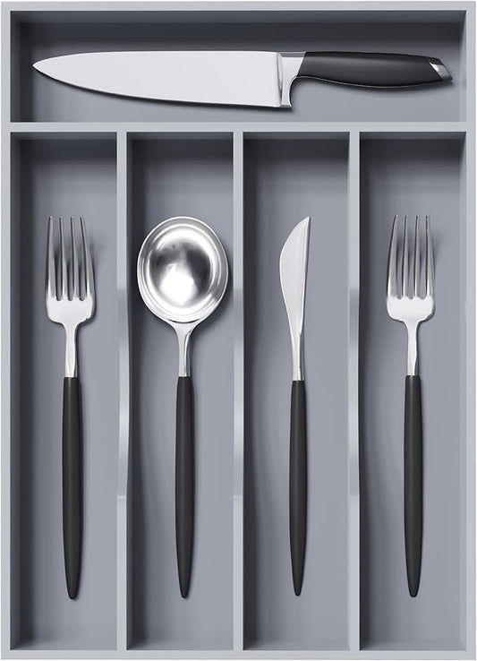 Greenual Gray Silverware Organizer 10 In Utensil Organizer Silverware Tray for Drawer Cutlery Flatware Organizer for Kitchen Bamboo Wood-NeatNest