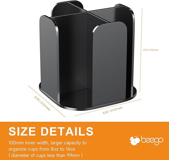 Beego Coffee Cup Holder Organizer - Rotatable 4 Compartments Black Acrylic Cup Dispenser Station With Lid Carousel - Countertop Plastic Cup Holder for Restaurant Breakroom Bar Accessories-NeatNest