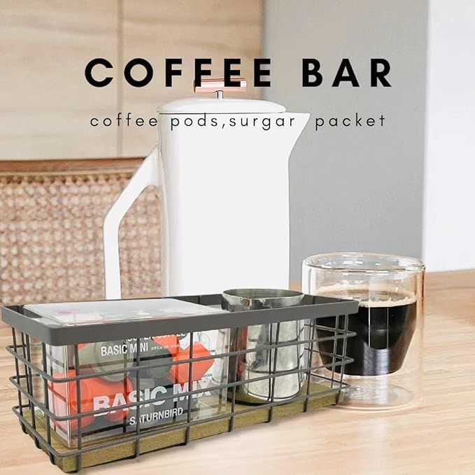 HUA HUALINK- Small Metal Wire Storage Basket, Detachable Wood Base Storage Organizer Bin Basket for Kitchen Cabinets, Bathroom, Pantry, Garage, Laundry Room - Brown