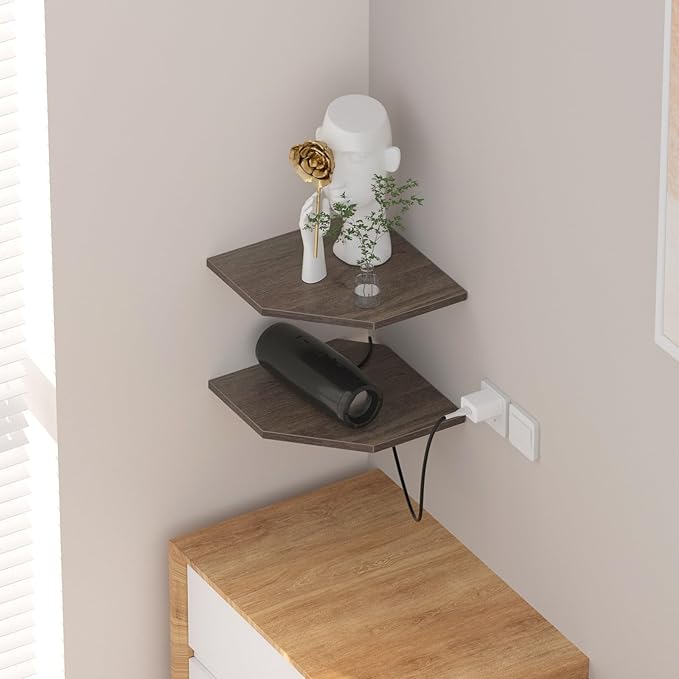 JJL Corner Shelf, 12 Inch Corner Shelf Wall Mounted with Wire Hole, 2 Tier 13.3 Inch Deep Wooden Corner Hanging Shelves for Wall Storage, for Speaker, Cable Box, Grey-NeatNest