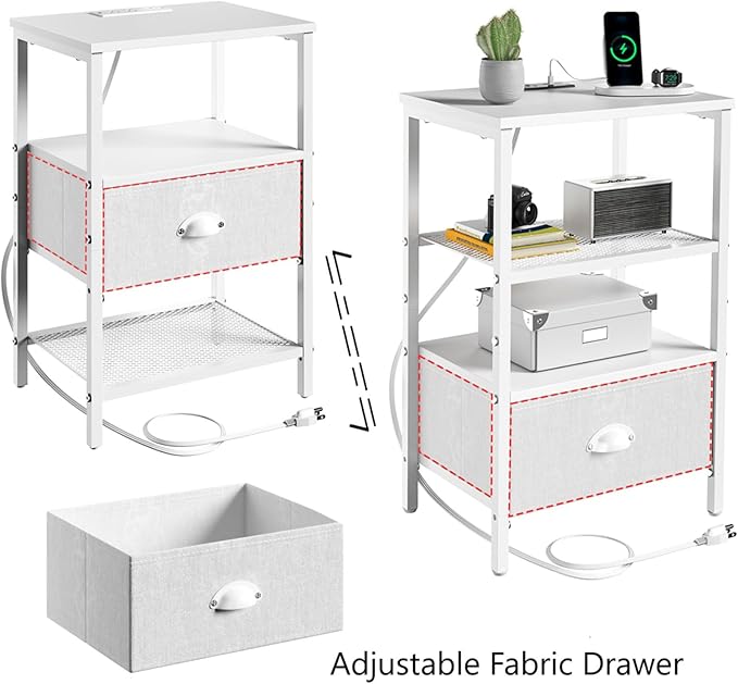 Sthmec Nightstands with Charging Station, LED Bedside Tables with Charging Station and Fabric Drawer, Night Stand with Storage, 3 Tier Side Table with Open Shelf, LED Nightstand Bedside Table,White
