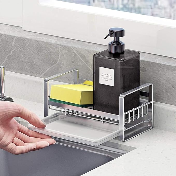 2 Pack Kitchen Sponge Holder - Kitchen Sink Organizer - Sink Caddy - Sink Tray - Soap Holder - Stainless Steel,Silver+White