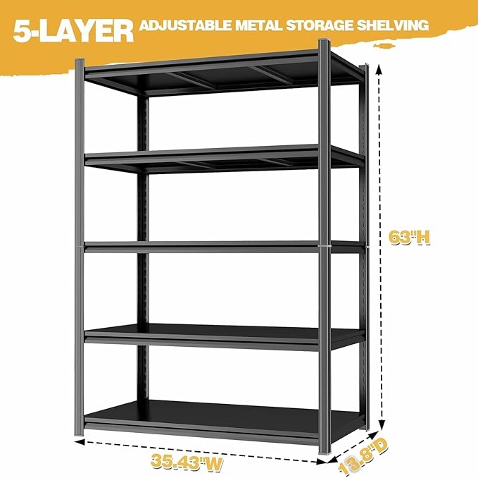 5 Tier Black Storage Shelves Metal Shelving Unit Kitchen Storage Utility Shelf Renter Shelves Estantes para Cocina Shelf Organizer for Bedroom Garage Basement Pantry Commercial Warehouse Industrial