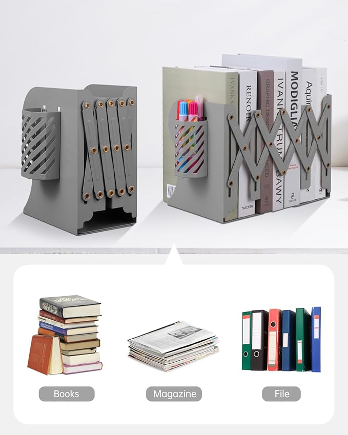 Honagu Adjustable Bookends, Metal Book Ends for Shelves Heavy Book, Desk Magazine File Organizer for Home, Office, Books, Papers, Extends up to 19 inches with Pen Holder (Grey)