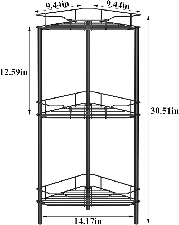 3 Tier Floor Standing Corner Shower Caddy Organizer Shelf with Hooks, Bathroom Shelves Stand Rack, Matt Black