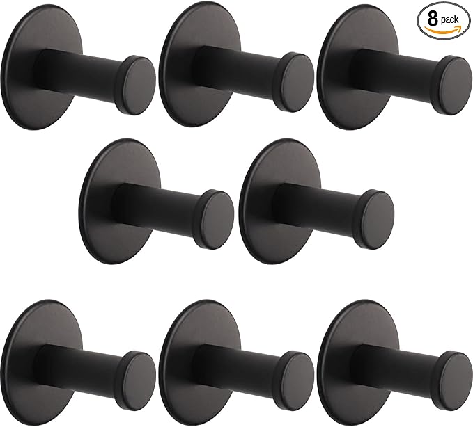 Bath Towel Hooks, 8 Pack Self Adhesive Coat Hooks, Sturdy No Drilling Robe Hook, SUS 304 Stainless Steel Heavy Duty Clothes Hanger, Wall Hooks for Bathroom Bedroom Kitchen (2 in, Black)