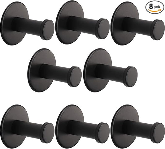 Bath Towel Hooks, 8 Pack Self Adhesive Coat Hooks, Sturdy No Drilling Robe Hook, SUS 304 Stainless Steel Heavy Duty Clothes Hanger, Wall Hooks for Bathroom Bedroom Kitchen (2 in, Black)
