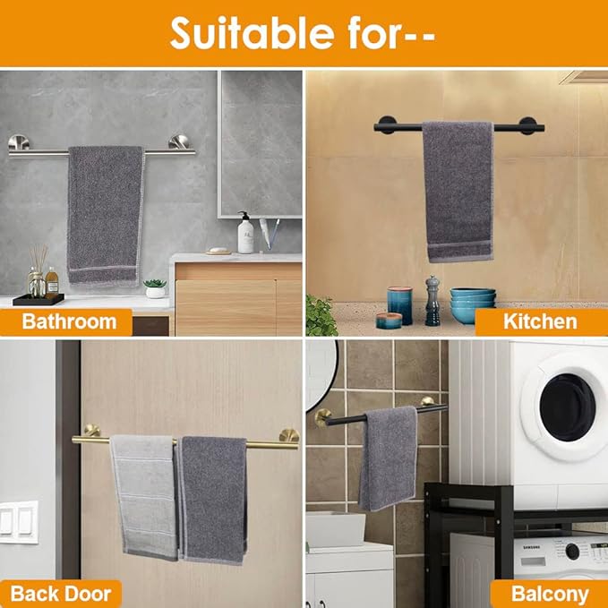 TocTen Bath Towel Bar - Thicken SUS304 Stainless Steel Bathroom Towel Holder, Towel Rod for Bathroom Heavy Duty Wall Mounted Towel Rack Hanger (16IN, Black)