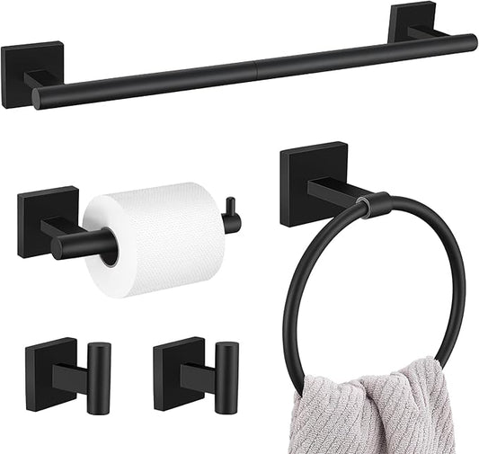 5 Pieces Bathroom Hardware Set Matte Black Towel Bar Set Includes 23.6” Towel Bar, Towel Ring Holder, Toilet Paper Holder and Two Towel Hooks, Bathroom Accessories Set SUS304 Wall Mounted