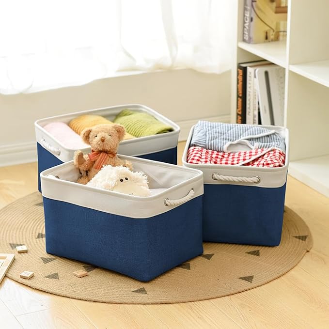 TheWarmHome Organization and Storage for Organizing - 3 Pack 16x12x12 inch Cube Storage Bin for Shelves, Fabric Storage Cubes for Closet Cloth Organizer Gift Toy (White & Jean Blue)-NeatNest