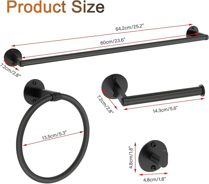 Matte Black Bathroom Hardware Set, VOTZAAQ 24-Inch Towel Bar, Towel Racks for Bathroom, Robe Towel Hanger Hooks, Toilet Paper Holder, Bathroom Accessories Set, 4-Pieces