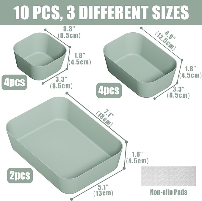 Plastic Drawer Organizers, 10 PCS Drawer Organizer Bins, Bathroom and Vanity Organizer Plastic Tray, Makeup organizer and storage for Makeup, Bedroom, Kitchen Gadgets Utensils and Office (Green)-NeatNest