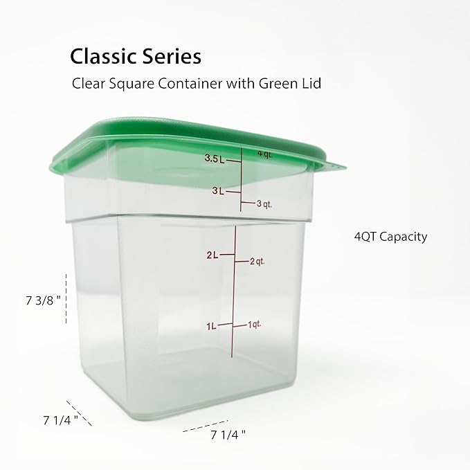 Cambro Food Storage Container with Lid (2 Pack) - Classic Series Square with Green Lid - 4 QT (Quart) - Commercial Grade for Food Prep (Clear)-NeatNest
