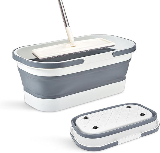 Collapsible Bucket with Wheels 14L (3.7 Gallon) - Versatile and Durable for House Cleaning, Camping, and RV - Convenient Rectangular Mop Cleaning Basket - Lightweight & Compact (14L-Grey)-NeatNest