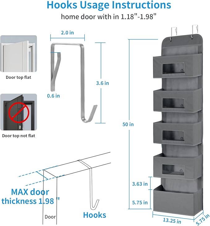 5-Shelf Over The Door Hanging Organizer with 2 Metal Hooks，5 Pocket Over The Door Wall Mount Storage with Clear Windows for Baby Nursery Bathroom Closet,Bedroom,Dorm (Gray-2 Pack)-NeatNest