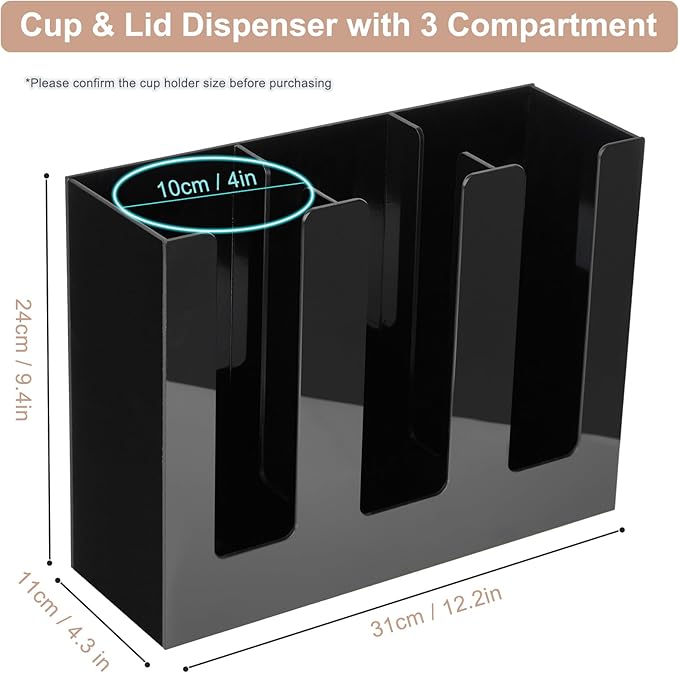 MYITYARD Coffee Cup Holder, Cup and Lid Organizer fits 5 to 16 oz Disposable Paper & Plastic Cups, Cup Dispenser Countertop, Coffee Bar Accessories for Bathroom, Kitchen, Office (3 Compartment)