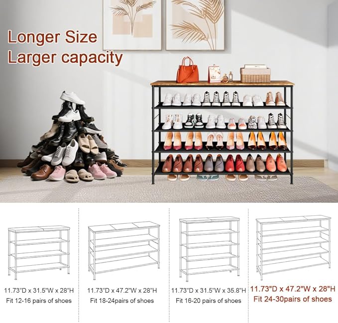 Shoe Rack Organizer 5 Tier Long Metal Organizer Shelf with Industrial MDF Board and Layer Fabric for Entryway Closet Bedroom Living Room Garage,Black & Rustic Brown-NeatNest