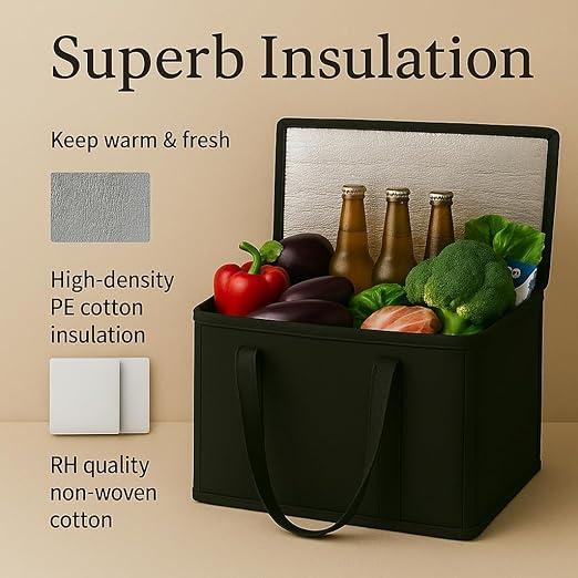 2-Pack, XL-Large Insulated Grocery Shopping Bags, Black, Reusable Bag,Thermal Zipper,Collapsible,Tote,Cooler,Food Transport hot and Cold,Camping, delivery Groceries Freezer-NeatNest