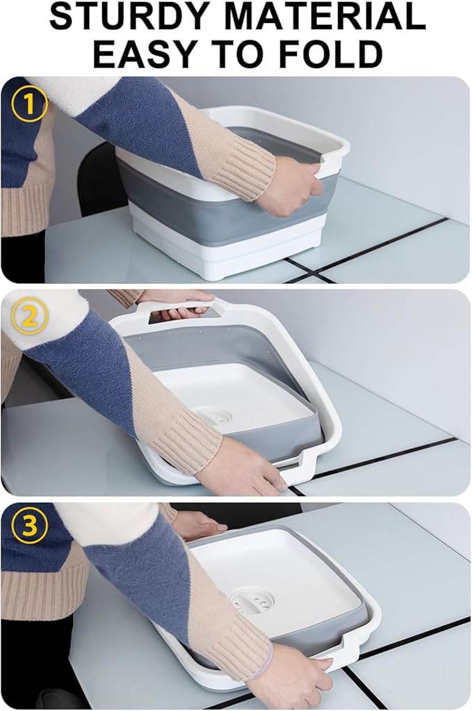 Collapsible Wash Basin with Drain Plug 9L (2.4Gal), Dishpan for Washing Dishes Basin,Collapsible Dish Tub Portable Sink for Kitchen Sink, Camping RV Washing Tub(Gray)-NeatNest