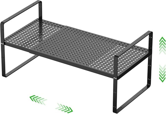 Expandable Cabinet Storage Shelf Stackable Organizer Rack for Kitchen Bathroom Pantry Spice Cupboard Coffee Countertop Home Office Desk Heavy Duty Nonslip Black Large 1 PACK-NeatNest