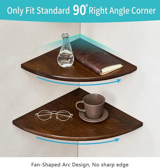 Corner Shelves, Floating Corner Shelf, Set of 2 16inch Solid Oak Wood Corner Wall Shelves, Round End with Wire Hole for Small Plant for Bedroom Kitchen, Living Room-NeatNest
